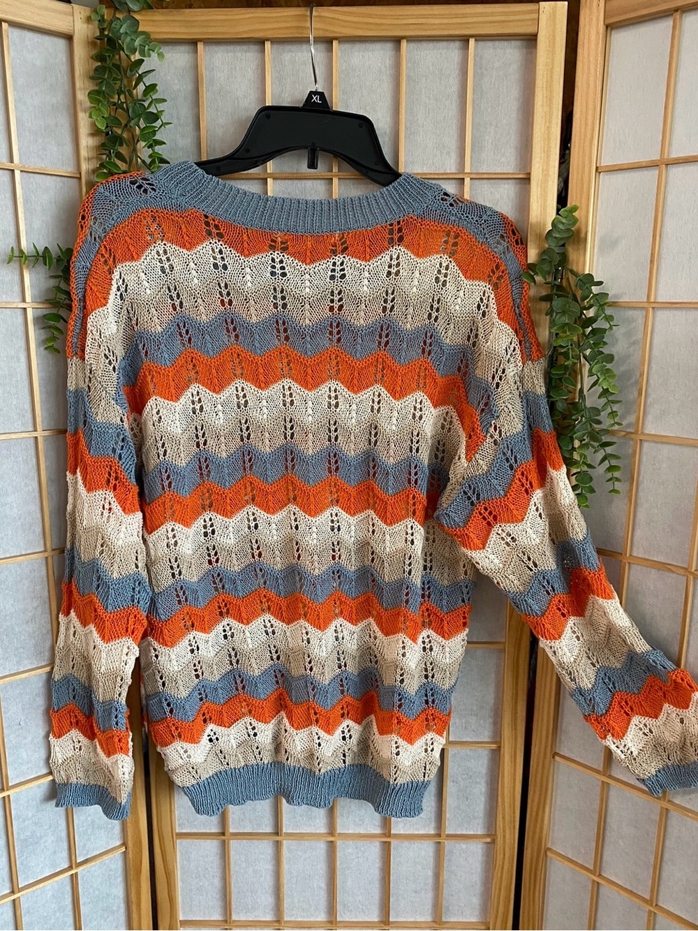 She and Sky Open Knit Chevron Sweater in Rust, Blue, and Cream - Picture 2 of 3